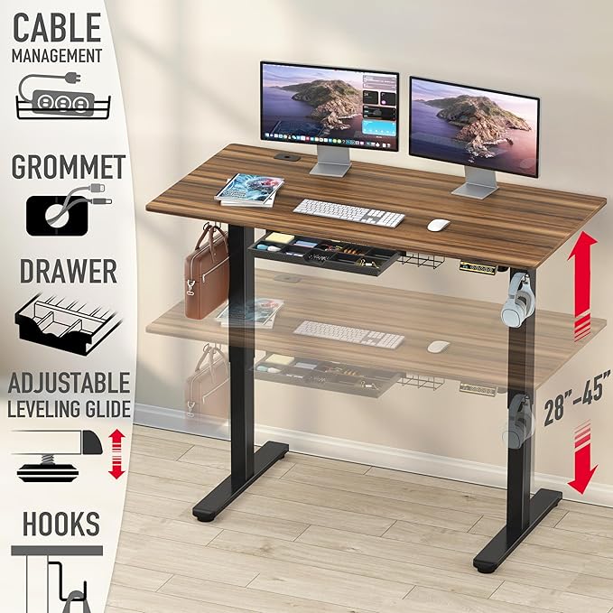 SHW 55 x 28 Inches Electric Height Adjustable Standing Desk with Drawer and Memory Preset, Walnut
