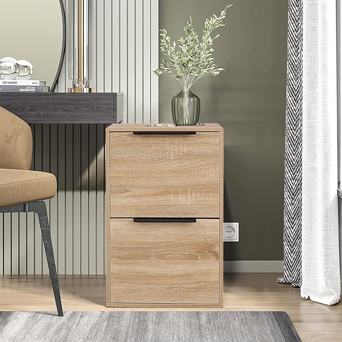 FATIGOS Wood File Cabinet 2 Drawer Filing Cabinets with Hanging Bars for Letter Size, Wooden Samll Vertical Filing Cabinet for Home Office, Oak