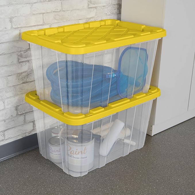 Sterilite 16-Pack Industrial Storage Box, Clear Plastic Organizer Bins with Handles, 27 Gallon, Yellow - Stackable Container Boxes for Bedroom, Bathroom, Garage, and Office Organization