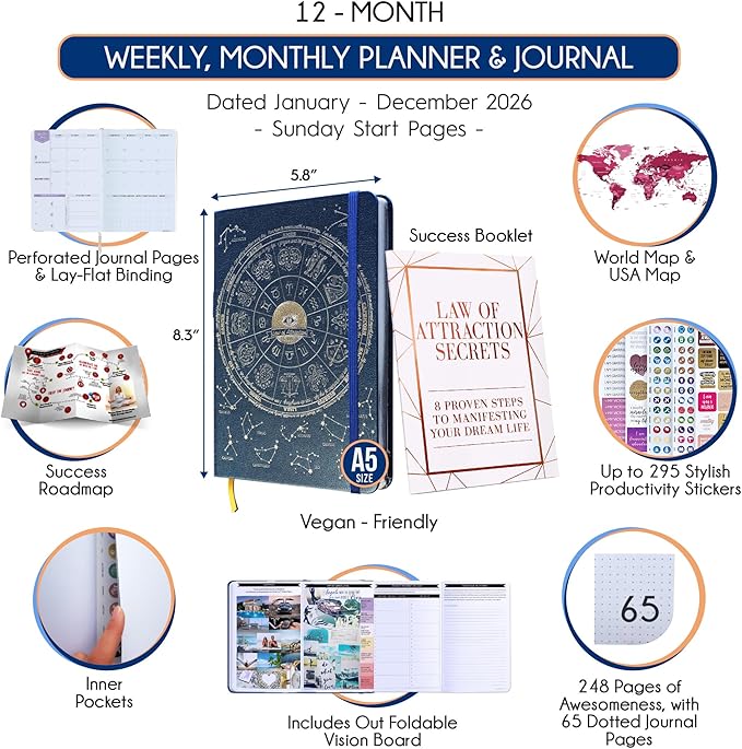 Law of Attraction Planner 2026 Deluxe with Productivity App | Weekly & Monthly Goal-Setting Planner, Life & Gratitude Journal | Include Foldable Vision Board, Gift Box & Stickers