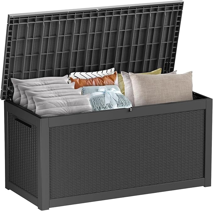 PATIOEASY Outdoor Storage Box 320GAL Waterproof Resin Deck Box,UV-Resistant Lockable Delivery Bin for Garden Tools,Large Patio Outside Cushions,Pool Accessories Supplies,Chest,Furniture,Package,Black