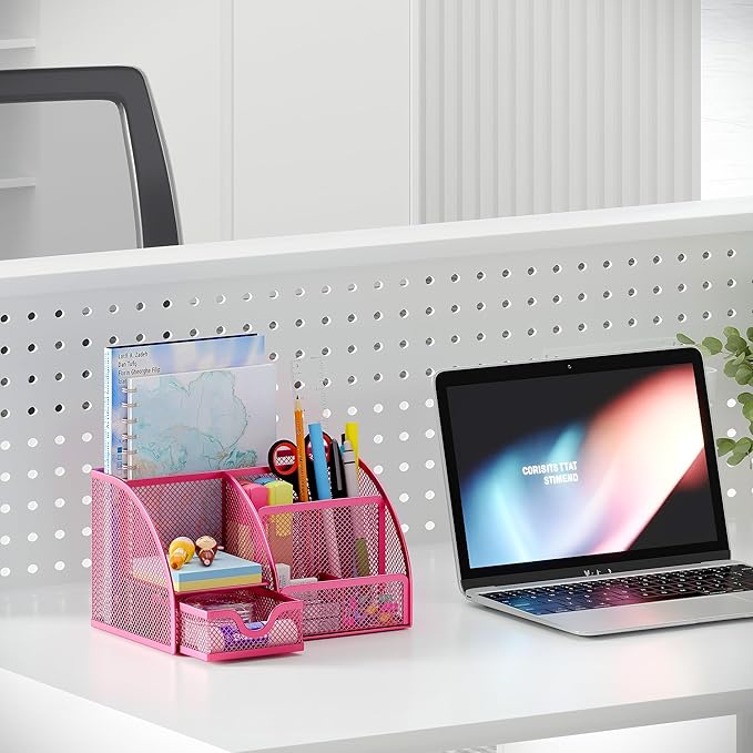 EasyPAG Mesh Desk Organizer with Drawer Multi-functional Pen Holder Stationery Organizer for Office School Supplies 6 Compartments Dorm Organizers and Storage for Desk, Hot Pink