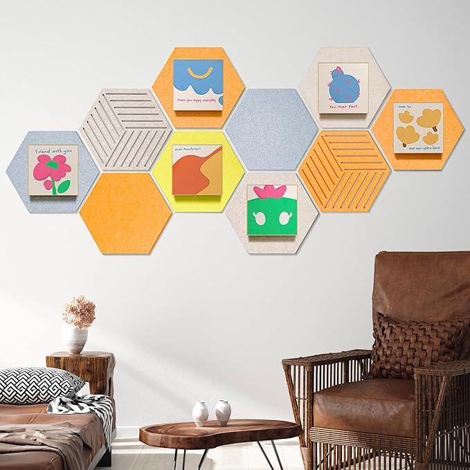 12'' Medium Hexagon Cork-Bulletin Board Tiles Frameless 10 Pack Adhesive Removable Felt Corkboard Decorative Prayer-Vision Board for Home-Office Wall Decor, Hex Tack Pinboard with 30 Pushpins