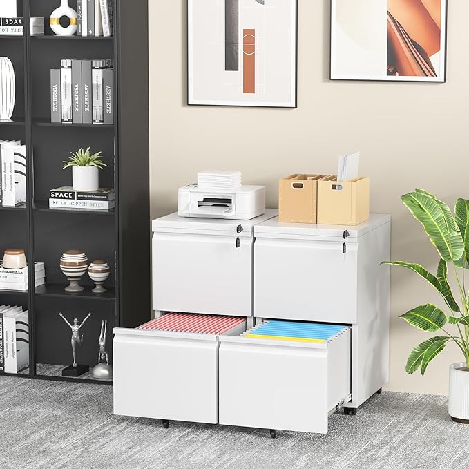 INTERGREAT 2 Drawer File Cabinet with Wheels, Metal Filling Cabinet with Lock, Locking Office Mobile Cabinet with Wheels for Legal/Letter Size, Under Desk, Easy Assemble, White