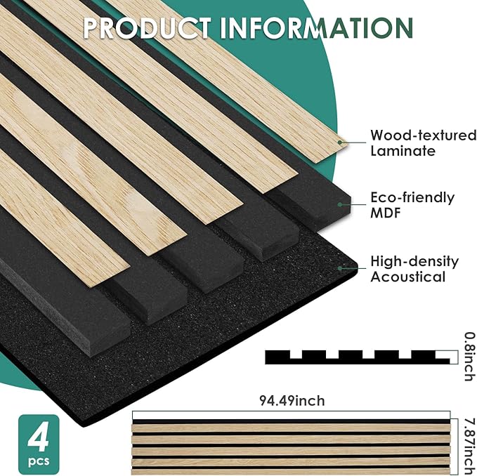 VallisCo 4-Piece Wood Slat Acoustic Panels for Stylish Interior Decor & Noise Reduction - 94.5" x 7.87" 3D Solid Wood Wall Panels for Ceiling and Wall, Covers 20.66 Sq Ft, White Oak
