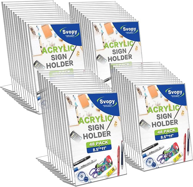 SVOPY Acrylic Sign Stand Holders - 8.5 x 11 Inches Clear Plastic Table Paper Display Stand Suit for Displaying Posters, Picture, Flyers, Menu - 48 Pack