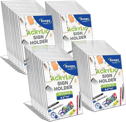 SVOPY Acrylic Sign Stand Holders - 8.5 x 11 Inches Clear Plastic Table Paper Display Stand Suit for Displaying Posters, Picture, Flyers, Menu - 48 Pack