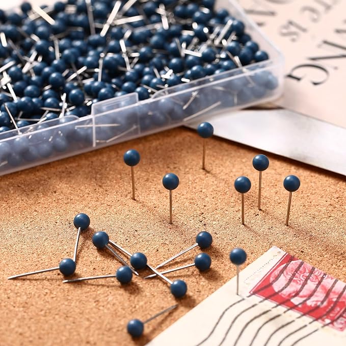 WILLBOND 500 Pack Map Push Pins Map Tacks Small Round Head Push Pins Thumb Tacks for Travel Picture Photo Bulletin Board Wall DIY Craft School Office Home(Navy Blue,1/6 Inch)