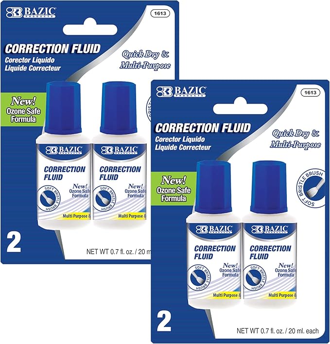 BAZIC Products Correction Fluid (0.7 oz / 20 ml), Soft Bristle Brush Applicator, Instant Corrections Pen White Out Wipe Out Liquid (2/Pack), 2-Packs
