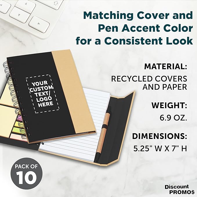 DISCOUNT PROMOS Custom Eco Friendly Spiral Notebooks with Pens Set of 10, Personalized Bulk Pack - Perfect for School, Office, Home - Black