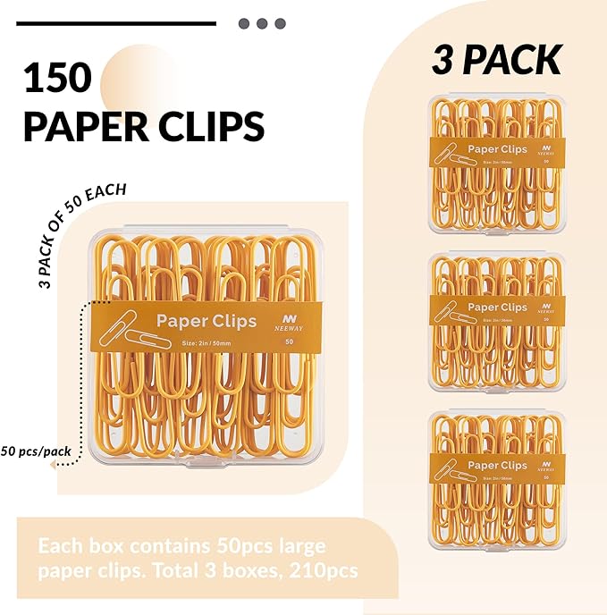 NEEWAY Colorful Large Paper Clips, 2 Inch Jumbo Paper Clips, 150 Count, 3 Pack of 50 (Orange)