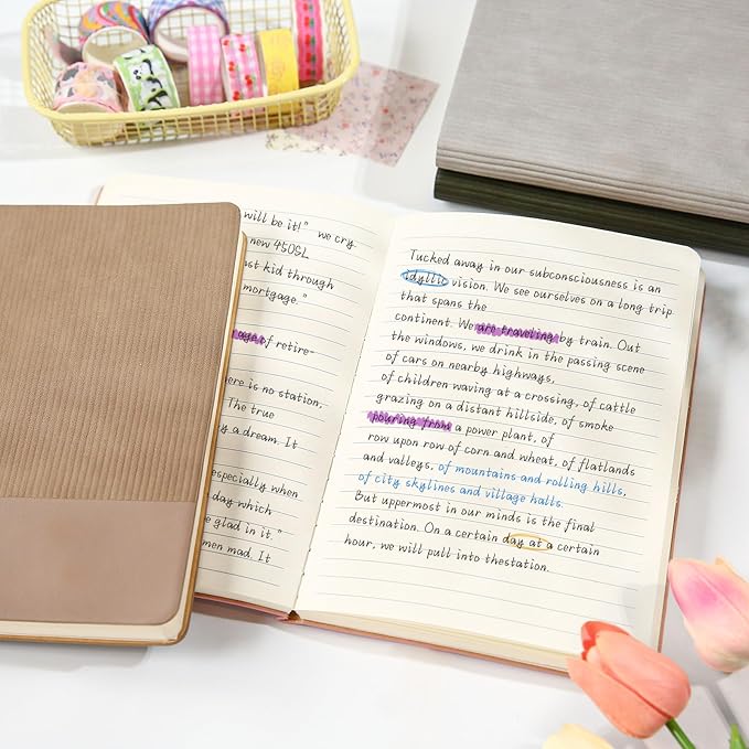 TSFPapier Lined Journal Notebook for Work College Ruled Note Book 5.79"x8.27" A5 PU Leather Daily Journaling 216 Pages for Women Men Writing Home School Supplies Business (Darkgreen/Darkpink)