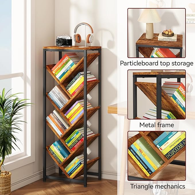 IBUYKE 9 Tier Tree Bookshelf, Floor Standing Wood Bookshelf for Narrow Space, Storage Organizer Bookcase for Books/CDs/Movies, Small Corner Bookcase for Bedroom Living Room,Rustic Brown,TBC002H