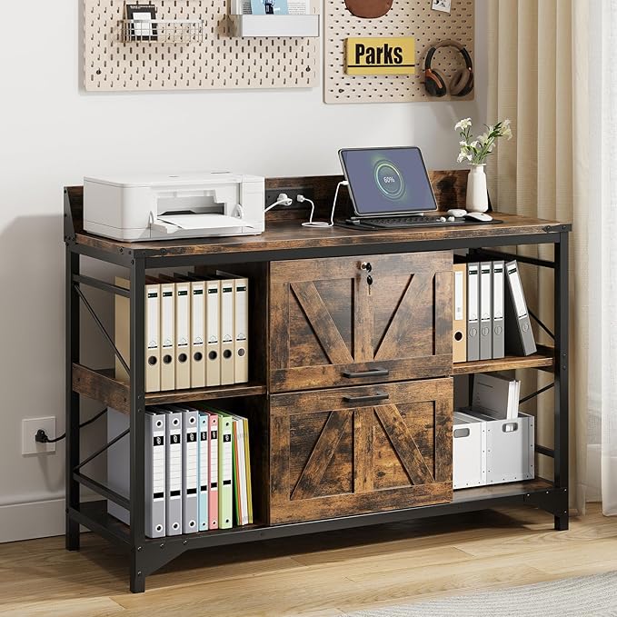 AesthLife 44" File Cabinet for Home Office, Wood Filing Credenza with Built-In Power Outlet, 2 Drawer File Cabinet with Lock, 4 Open Shelves, Metal Shelf, Adjustable Drawer fit to Legal/Letter/A4 Size