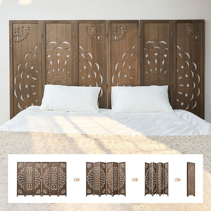 66.9Inch Wooden Room Partition - 6 Panels Boho-Styled Space Room Divider for Home/Office, Headboard & Yoga/Photo/Video Call Backdrop (Brown)