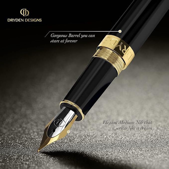 Dryden Designs Fountain Pen - Medium and Fine Nibs | Includes 24 Ink Cartridges and Ink Refill Converter | Calligraphy Pen, Consistent Writing, Smooth Look - Intense Black.