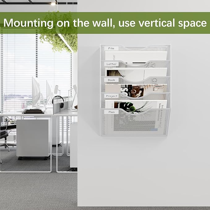 EasyPAG 5 Pocket Mesh Wall File Organizer, Hanging Paper Folder Holder with Classify Label, Vertical Wall Mount Mail Organizer for Office Home Classroom, White