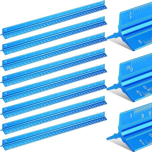 Macarrie 10 Pcs Architectural Scale Triangular Ruler 12" Architect Engineers Scale Ruler Set Aluminum Metal Ruler with Imperial Measurements for Architect Student Draftsman Engineer (Blue)
