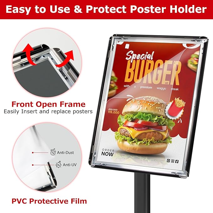 VAIIGO Heavy Duty Sign Holder Stand 8.5x11 Inch - Pedestal Floor Standing Sign Holder with Weighted Base - Vertical & Horizontal Poster/Menu Stand for Indoor/Outdoor Business Store Advertising, Black