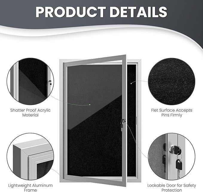 36"x24" Lockable Enclosed Bulletin Board, Outdoor Flet Weather-Resistant Aluminum Frame Notice Board, Wall Mounted Display Case Acrylic Doors for School,Office,Silver Frame w/Black Flet