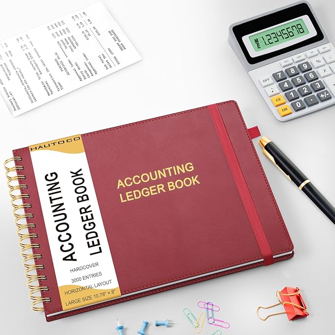HAUTOCO Hardcover Accounting Ledger Book for Small Business Bookkeeping Horizontal Money Expense Tracker Notebook with 2 Storage Pouch, Personal Columnar Log Journal 10.78 x 8'', Cherry Red
