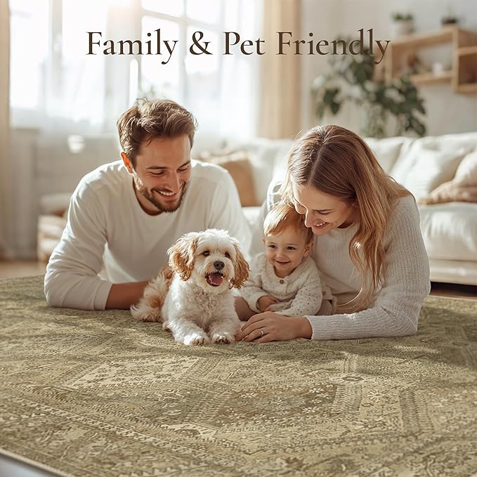 GENIMO 9x12 Area Rugs for Living Room, Machine Washable Non Slip Vintage Rugs, Low Pile Lightweight Print Rug for Bedroom, Dining Room, Home Office, Tan Brown