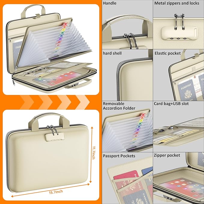 Fireproof File Organizer with Lock, Hard-Shell Case Fireproof Document Box with 13 Pockets Accordion File Folder, Important Document Organizer for Letter A4 Files Laptop Passports (Beige)