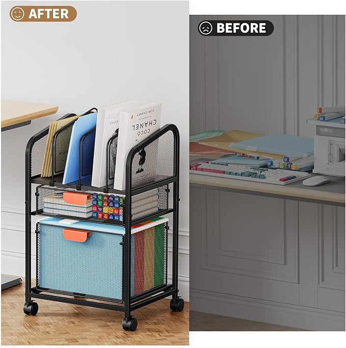 Marbrasse Rolling File Cart with Adjustable Dividers, Mobile File Cabinet on Lockable Wheels, Office Filing Cabinet Organizer, Hanging File Folder Organizer for Home Office - Black