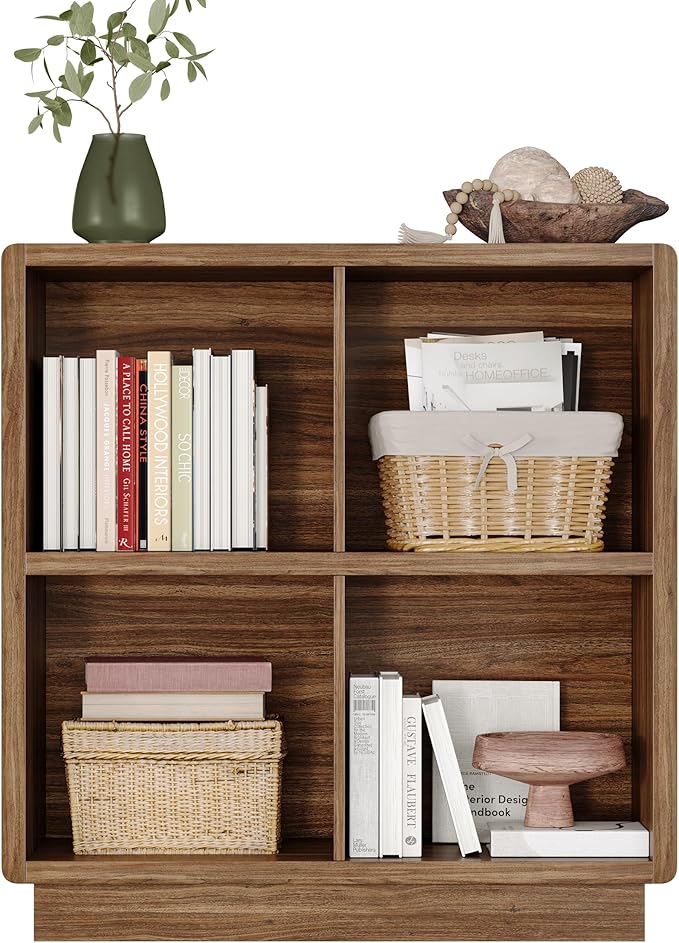 ChooChoo 4 Cube Storage Organizer, Wooden Bookcase with Storage, Cube Storage Bookshelf for Bedroom and Home Office, Brown Walnut