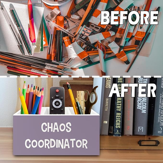 XPH Chaos Coordinator Purple Pen Pencil Holder Organizer for Desk, Thank You Gifts for Women Men Coworkers Boss Leader Manager, Appreciation Gifts Wooden Box Sign for Office Tabletop Decorations