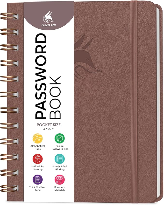 Clever Fox Password Book Spiral – Mini Internet Address & Password Organizer with Laminated Alphabetical Tabs – Small Password Keeper Journal – Hardcover, Pocket Size, 4.7x5.7” (Dark Terraсotta)