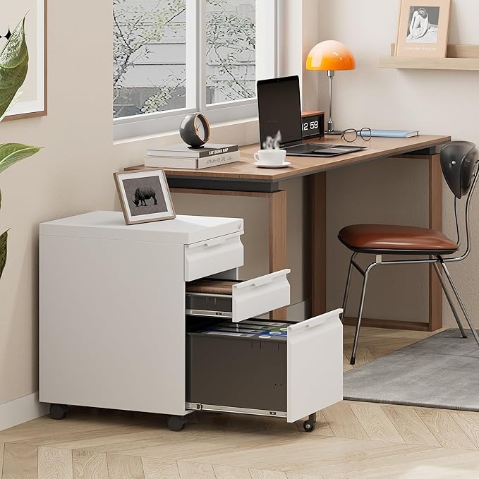 LONGLINK 3 Drawer Mobile File Cabinet with Lock,Under Desk Metal Filing Cabinets with Wheels for Home Office Organizer Letters/Legal/A4(Easy Assemble-White)