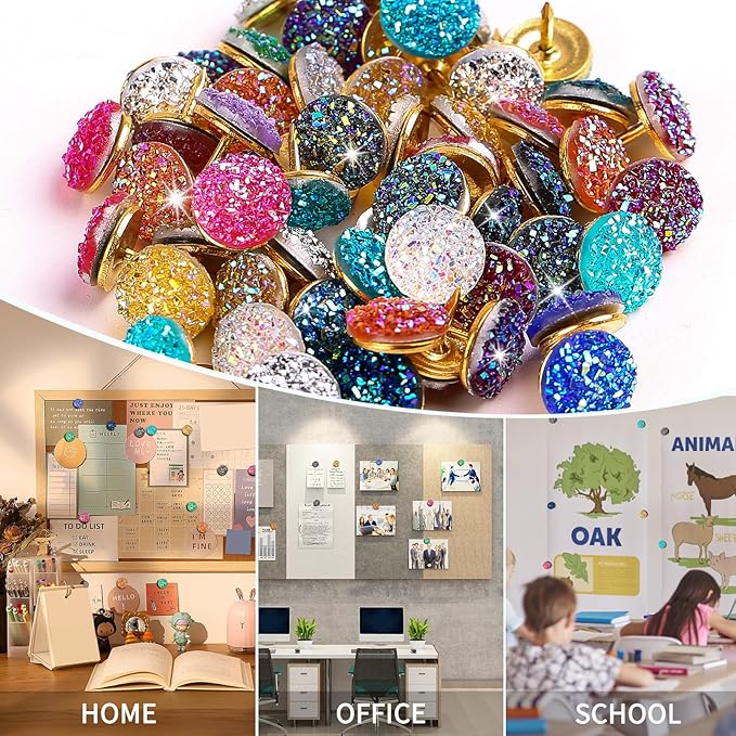 50Pcs Push Pins, Shiny Diamond Glitter Rhinestone Decorative Thumb Tacks for Photo Wall, Cork Board, Bulletin Board & Desk Accessories (Silver)
