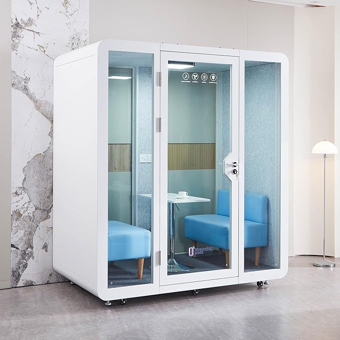 Mobile Office Pod Booth, Sound Pod, Large Space SoundProof Pod 2-4 People, Sound Booth Mobile Roller, LED Lighting, Centrifugal Fans and AC USB Ports - for 2-4 Persons White