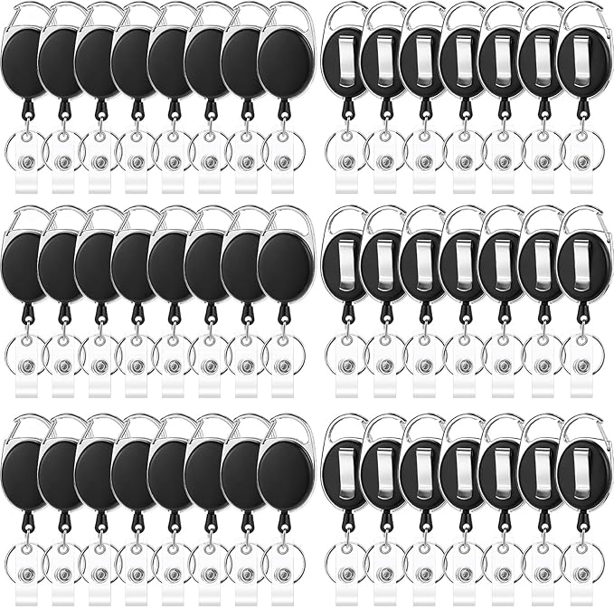 50 Pcs Badge Reels Retractable Heavy Duty Id Badge Holders Retractable Clip Keychain Bulk with Carabiner Lanyard Key Ring for Office Work Employee Nurse ID Card and Keychain