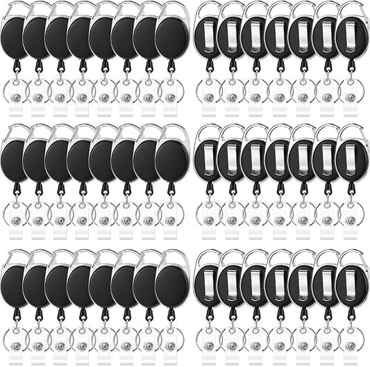 50 Pcs Badge Reels Retractable Heavy Duty Id Badge Holders Retractable Clip Keychain Bulk with Carabiner Lanyard Key Ring for Office Work Employee Nurse ID Card and Keychain