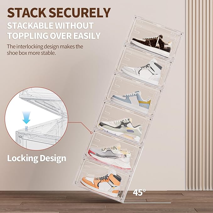 TOFWOF 6 Pack XX Large Shoe Organizer, Heavy-Duty Hard Thicken Plastic Clear Stackable Shoe Storage Box Organizer for Closet, Space-Saving Shoe Rack Display Case Bin Containers for Sneakers, Clear