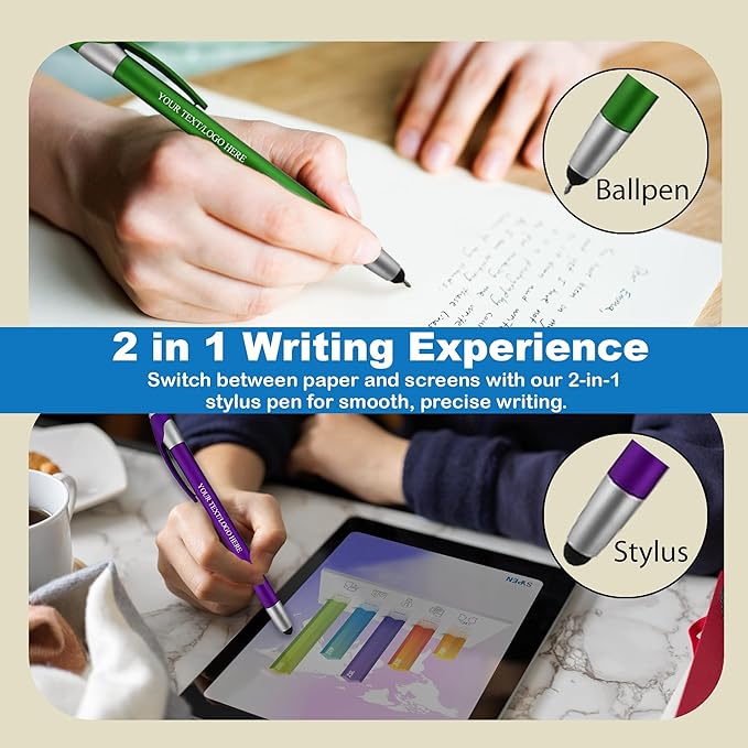 Personalized With your Custom Logo or Text Pens-Pack of 300- for Marketing, Parties, and Events, 2 in 1 Capacitive Stylus & Ballpoint Pen Compatible With Touchscreen Devices, Black Ink, Assorted