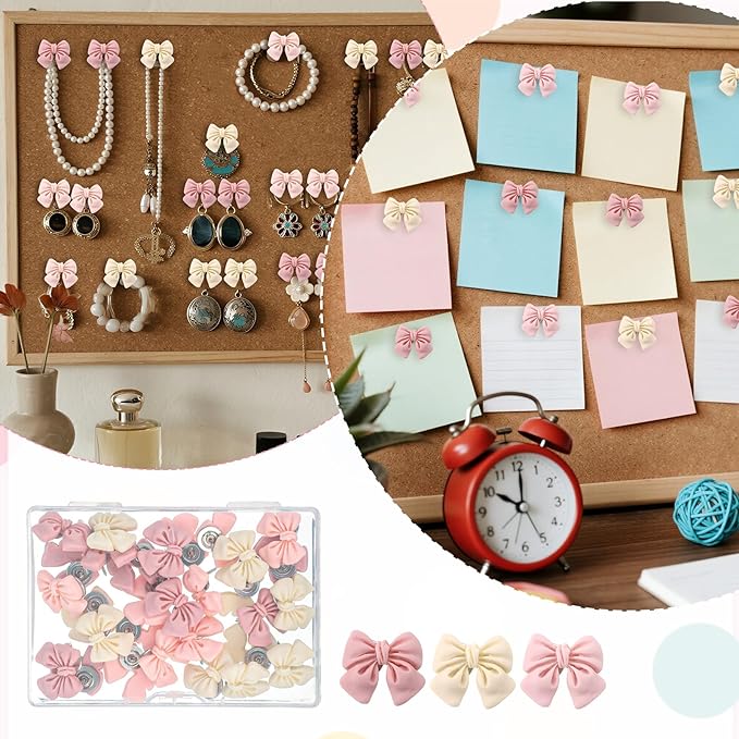 30 Pcs Bow Push Pins, Cute Bow Push Pins, Pink and Cream Yellow Decorative Thumb Tacks for Cork Board, Bulletin Board, Photo Wall, Posters, Map, Office, School Decor (Bows)