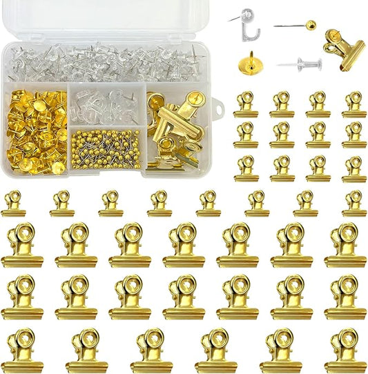 505 Pcs Push Pins Set 5 Style Thumb Tacks Decorative Push Pins Gold Metal Thumb Tacks for Cork Board Map Office Accessories with Metal Binder Paper Clips