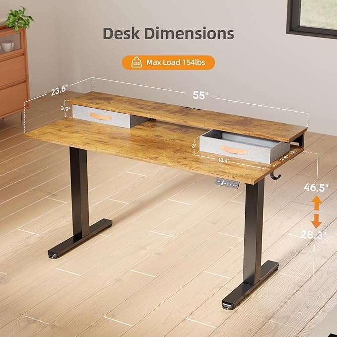 Claiks Electric Standing Desk with 2 Drawers, Adjustable Standing Desks with Storage, Height Adjustable Stand up Desk for Home Office with 2 Hooks,55 Inch Ruist Brown