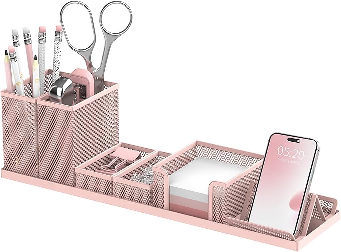 SUPEASY Pen Holder for Desk, 6 Piece Mesh Desk Organizer set for Office Organization with Mail Organizer, Letter Phone Holder, Sticky Notes Caddy Storage, Pink