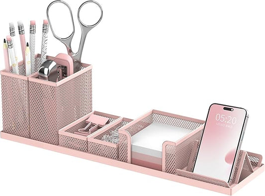 SUPEASY Pen Holder for Desk, 6 Piece Mesh Desk Organizer set for Office Organization with Mail Organizer, Letter Phone Holder, Sticky Notes Caddy Storage, Pink