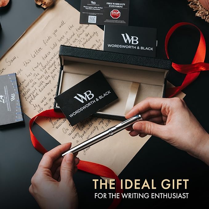 Wordsworth & Black Fountain Pen Set, 18K Gilded Medium Nib, Includes 24 Pack Ink Cartridges, Ink Refill Converter & Gift Box, Gold Finish, Calligraphy, [Silver Chrome], Perfect for Men & Women