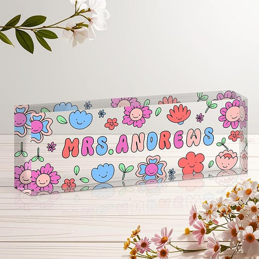 Personalized Name Plate for Desk, Custom Acrylic Desk Name Sign, Office Appreciation Gifts for Women Men Coworkers Boss Teacher Employee (Teacher)