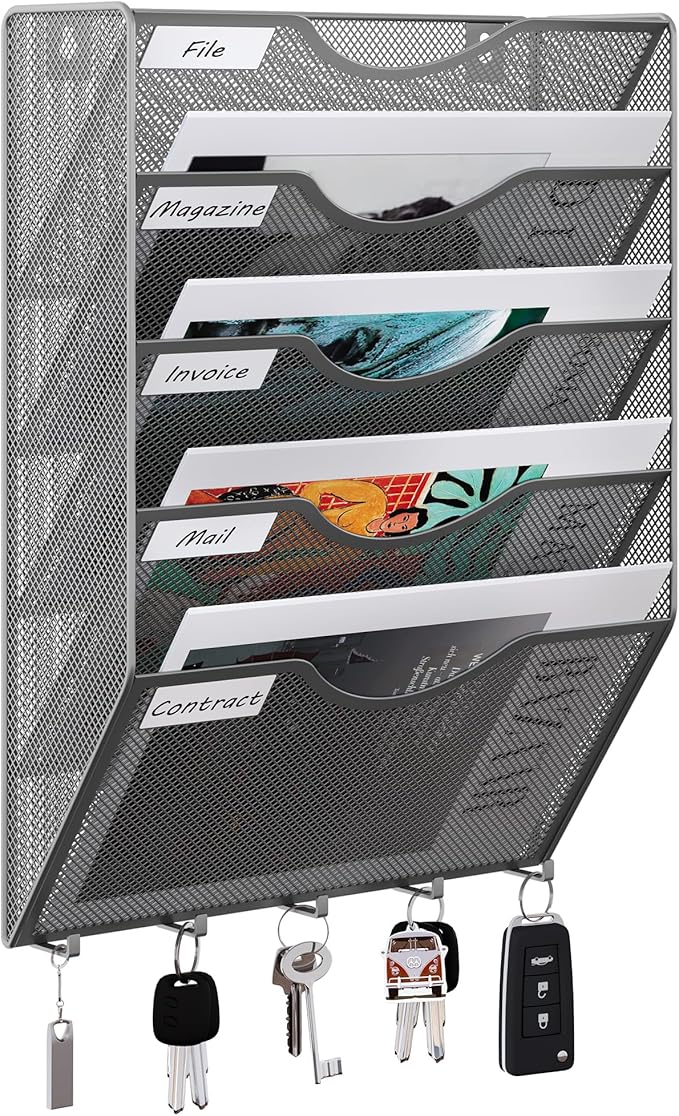 EasyPAG Hanging Wall File Organizer with Key Hooks, 5 Pocket Wall Mounted Mail Organizer, Vertical Folder Holder with Nametag Label, Paper Storage Magazine Rack for Office Home School, Silver