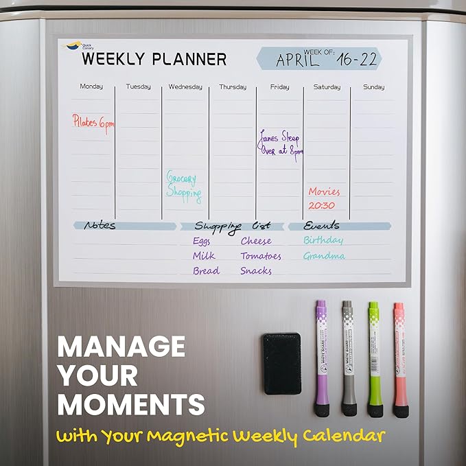 Magnetic Weekly Planner for Fridge - 17x12” Stain-Resistant Dry Erase Whiteboard Fridge Calendar with Large Writing Space for Schedules, Chores & Meals - Includes 4 Markers & Eraser