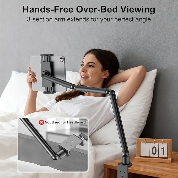 iPad Holder for Desk, Adjustable Tablet Arm iPad Desk Mount with C-Clamp, 30" Foldable Long Arm & 360° Rotation, Fits 4.7"–15.6" i Pad Pro/Air/Mini, Phones & 15.6" Portable Monitors for Desk/Bed Use