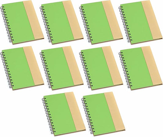 DISCOUNT PROMOS Eco Friendly Spiral Notebooks with Pens Set of 10, Bulk Pack - Perfect for School, Office, Home - Green