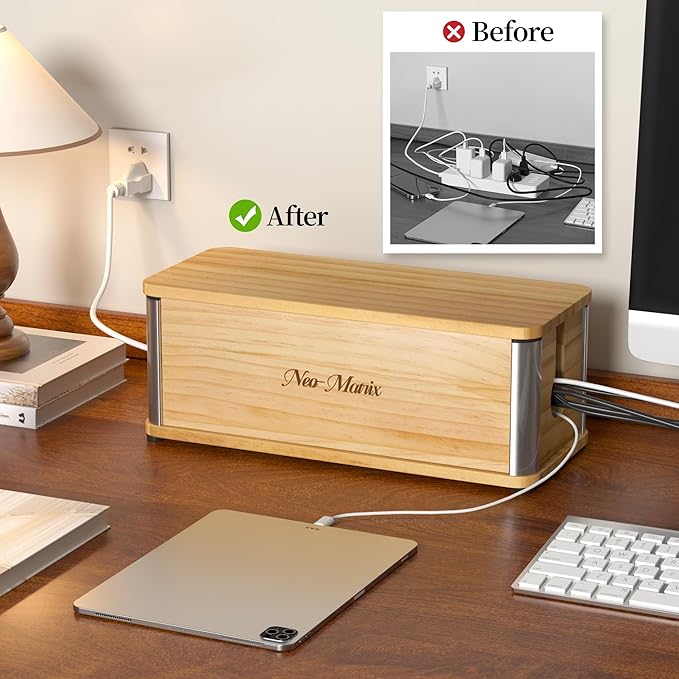Delamu Wooden Cable Management Box, Retro-Inspired Look Desk Cord Organizer Box for Home Office, Large Cable Organizer Hides Cords and Power Strips, Power Strip Cover, 14.3" x 6.0" x 5.5", White